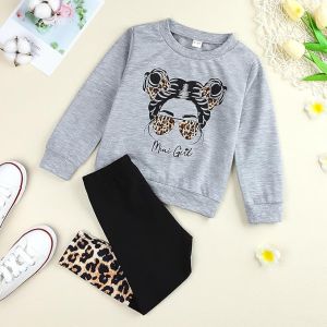 shoop children`s clothes בגדי ילדות פעוטות דמות גרפית כתף נופלת חולצה הדפס מנומר מכנסיים סט תלבושת אביב