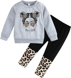 shoop children`s clothes בגדי ילדות פעוטות דמות גרפית כתף נופלת חולצה הדפס מנומר מכנסיים סט תלבושת אביב