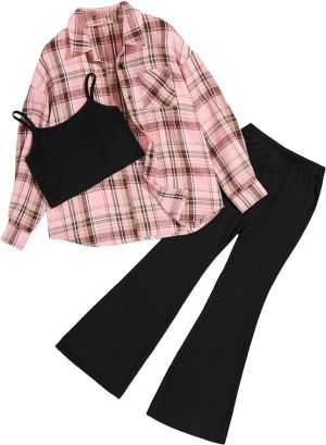 shoop children`s clothes Floerns בגדי בנות סט 3 חלקים תלבושת קמי למעלה מכנסיים עם חולצה עם הדפס משובץ