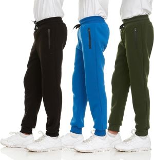 shoop children`s clothes PURE CHAMP 3Pk מכנסי טרנינג לבנים פליז אתלטי אימון ילדים בגדי ריצה לבנים עם כיס רוכסן ושרוך הידוק מידה 4-20