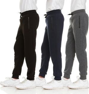 shoop children`s clothes PURE CHAMP 3Pk מכנסי טרנינג לבנים פליז אתלטי אימון ילדים בגדי ריצה לבנים עם כיס רוכסן ושרוך הידוק מידה 4-20