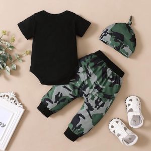 shoop children`s clothes בגדי תינוקות בנים תלבושות 3 חלקים קיץ לתינוקות ניו בורן חמוד הדפס אותיות אוברול שרוול קצר + מכנסיים + כובע