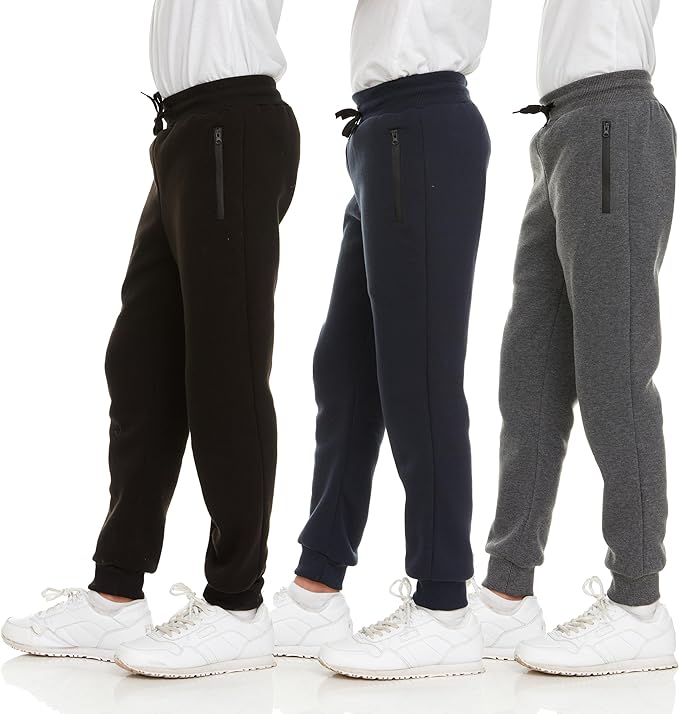 shoop children`s clothes PURE CHAMP 3Pk מכנסי טרנינג לבנים פליז אתלטי אימון ילדים בגדי ריצה לבנים עם כיס רוכסן ושרוך הידוק מידה 4-20